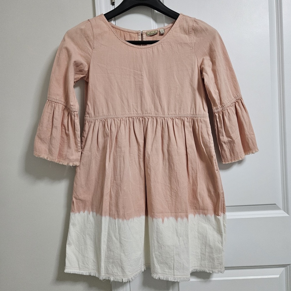 Holding Horses Dress Women 4 Pink Dip Dye Ombre Bell Sleeve Babydoll Frayed Trim